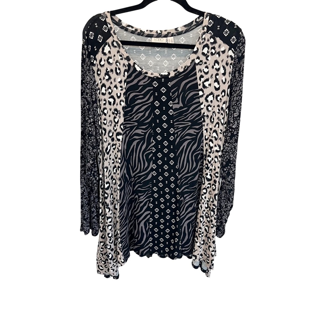 LOGO Lori Goldstein Mixed Animal Print Tunic Top Black Gray Asymmetrical Hem